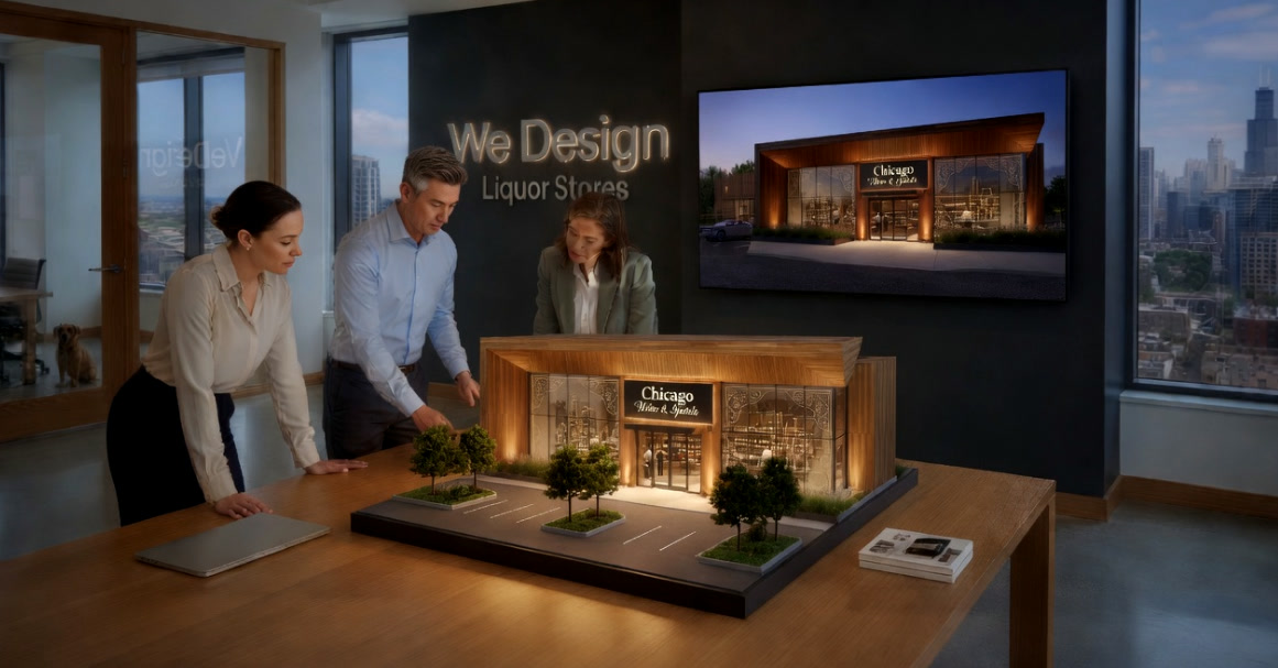 Design office reviewing custom branding program drawings and 3D concepts